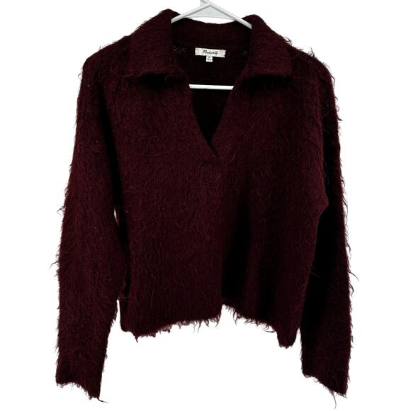 Madewell Brushed Polo Sweater Wool Fuzzy Eyelash Knit Oversized Collared Red XS - Picture 2 of 6